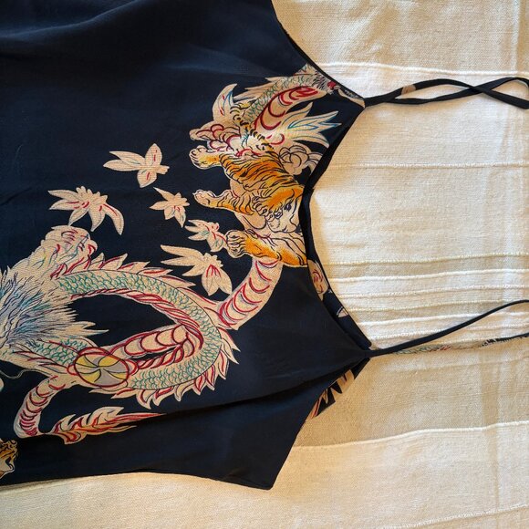 Vintage 90s Avanti Silk Dress – Black Dragon & Tiger Print, Midi Length - Picture 3 of 6